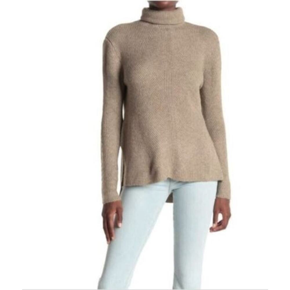 Sweet Romeo Abstract Rib Hi-Low Turtleneck Tunic Sweater Heather Latte Small $58